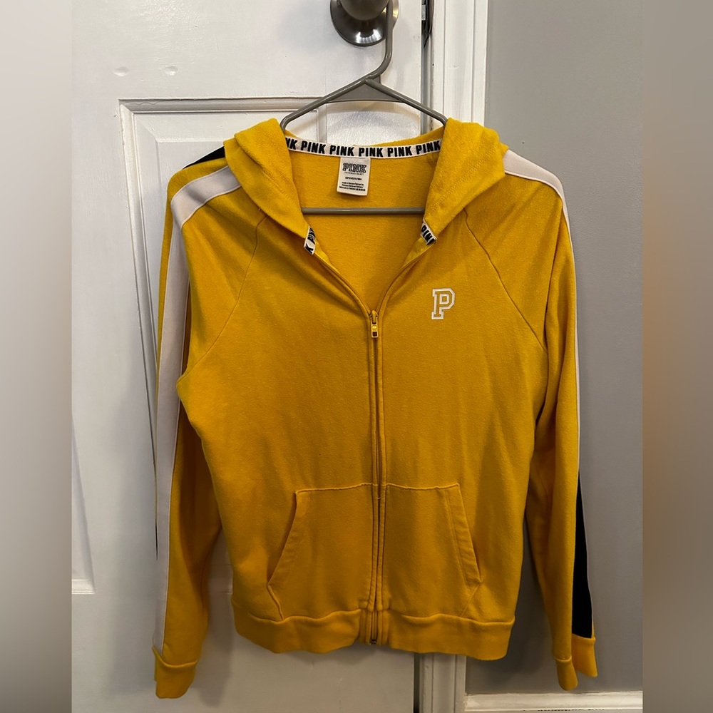 PINK Black & Yellow Zip-up Hoodie Size Small